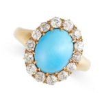 NO RESERVE - AN ANTIQUE TURQUOISE AND DIAMOND CLUSTER RING  Made in yellow gold  Oval cabochon