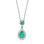 NO RESERVE - AN EMERALD AND DIAMOND PENDANT NECKLACE  Pear cut and cushion shaped step cut emeralds