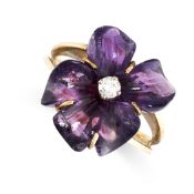 NO RESERVE - A VINTAGE CARVED AMETHYST AND DIAMOND FLOWER RING  Made in yellow gold, bifurcated band