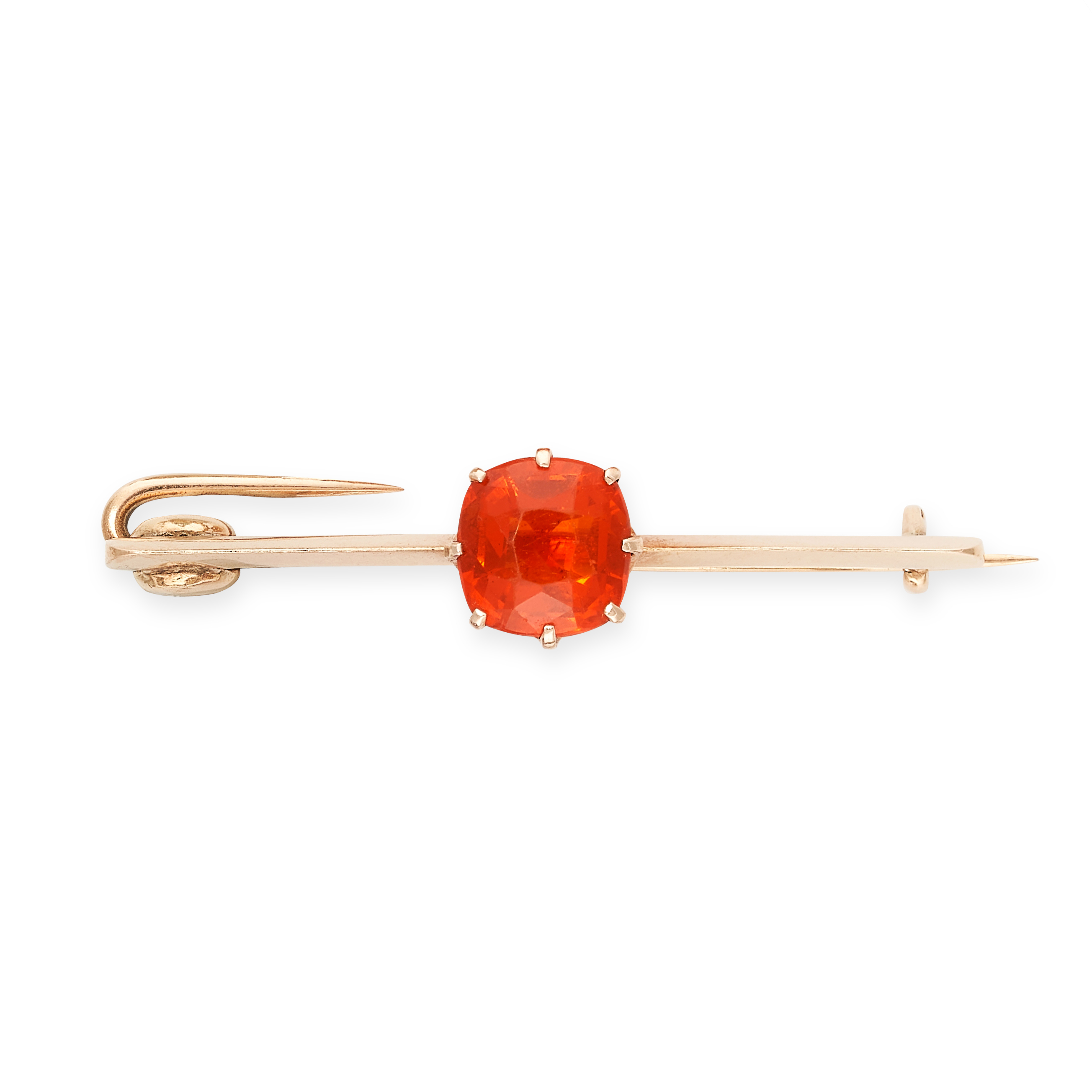 NO RESERVE - A FIRE OPAL BAR BROOCH  Made in yellow gold  Cushion cut fire opal  Indistinct assay