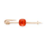 NO RESERVE - A FIRE OPAL BAR BROOCH  Made in yellow gold  Cushion cut fire opal  Indistinct assay