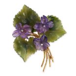 NO RESERVE - AN AMETHYST, NEPHRITE JADE AND DIAMOND FLOWER BROOCH, CIRCA 1950  Made in 14 carat