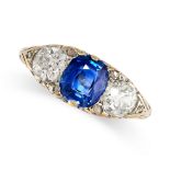 NO RESERVE - A SAPPHIRE AND DIAMOND THREE STONE RING  Made in 18 carat yellow gold, scrolling