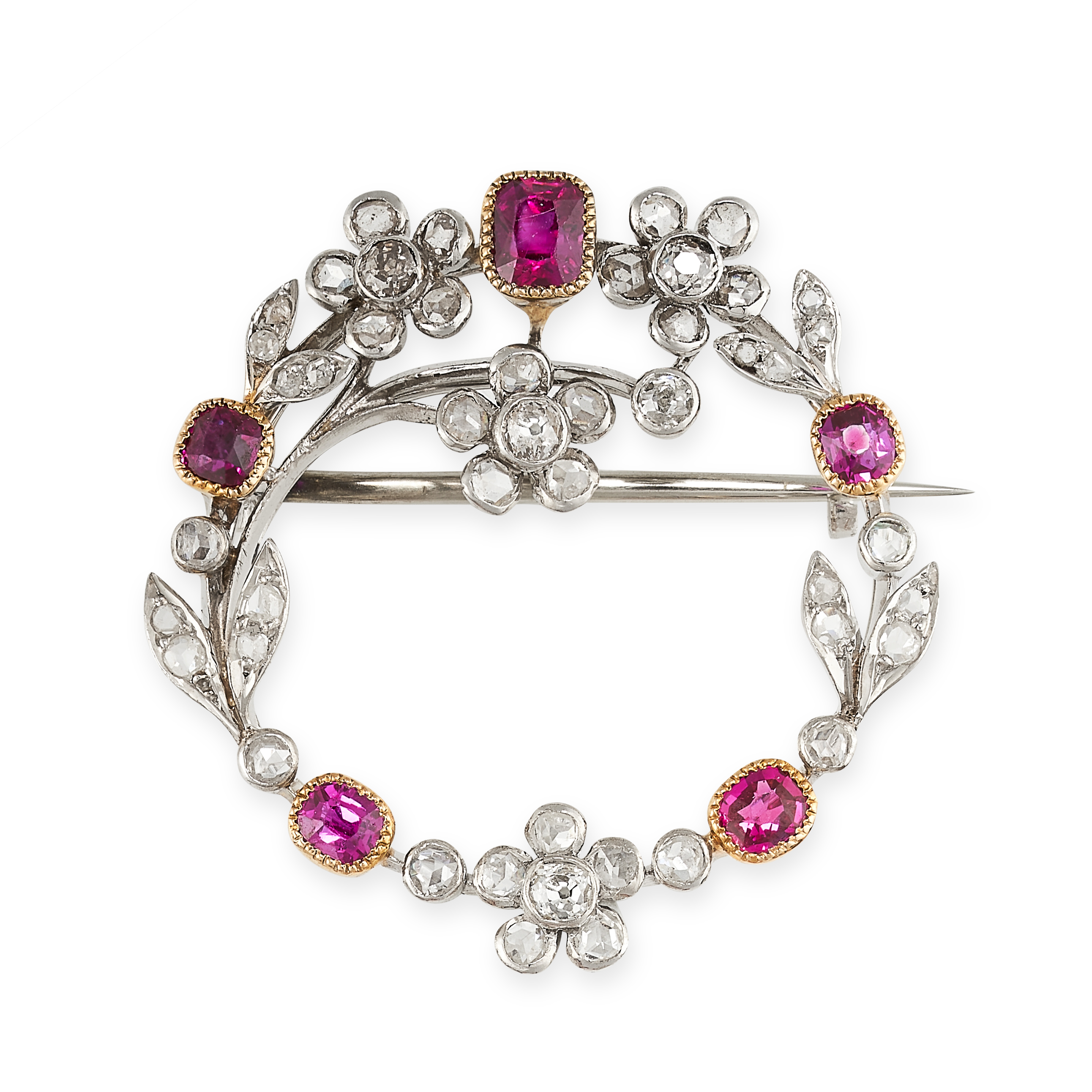 NO RESERVE - AN ANTIQUE RUBY AND DIAMOND BROOCH, CIRCA 1900  Designed as a circular wreath with