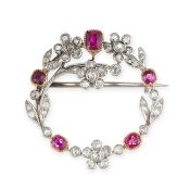 NO RESERVE - AN ANTIQUE RUBY AND DIAMOND BROOCH, CIRCA 1900  Designed as a circular wreath with