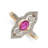 NO RESERVE - A RUBY AND DIAMOND DRESS RING  Made in yellow gold and silver, scalloped navette shaped