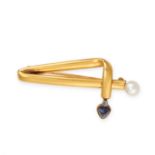 NO RESERVE - AN ANTIQUE PEARL, SAPPHIRE AND DIAMOND BROOCH, CIRCA 1900  Made in 18 carat yellow gold