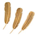 NO RESERVE - HERMES, THREE VINTAGE GOLD FEATHER BROOCHES  Made in 18 carat yellow gold, designed