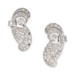 NO RESERVE - A PAIR OF VINTAGE DIAMOND CLIP EARRINGS, 1940S  Clip on fittings, scroll design  Old