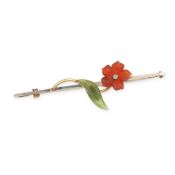 NO RESERVE - AN ANTIQUE CARNELIAN, NEPHRITE JADE AND DIAMOND FLOWER BROOCH  Made in 18 carat and