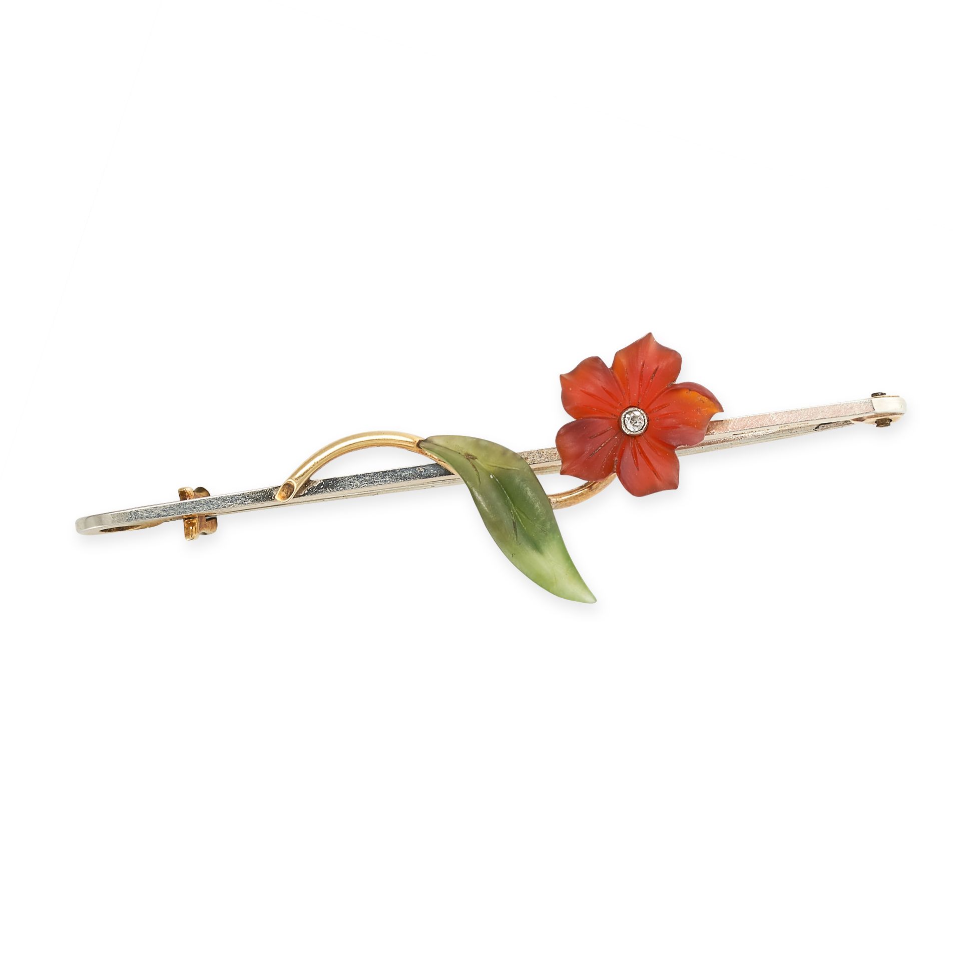 NO RESERVE - AN ANTIQUE CARNELIAN, NEPHRITE JADE AND DIAMOND FLOWER BROOCH  Made in 18 carat and