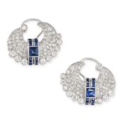 NO RESERVE - A PAIR OF VINTAGE SAPPHIRE AND DIAMOND CLIP EARRINGS  Made in platinum and 18 carat