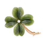 NO RESERVE - A VINTAGE NEPHRITE JADE AND DIAMOND FLOWER BROOCH, ERNST PALTSCHO  Made in 14 carat