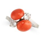 NO RESERVE - A VINTAGE CORAL AND DIAMOND DRESS RING  Polished coral beads, approximate diameter 9.