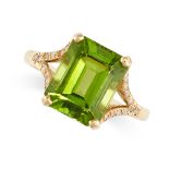 NO RESERVE - A PERIDOT AND DIAMOND DRESS RING  Made in 18 carat yellow gold  Octagonal step cut