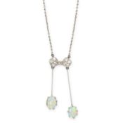 NO RESERVE - AN ANTIQUE OPAL AND DIAMOND LAVELIER NECKLACE, EARLY 20TH CENTURY  Designed as a ribbon