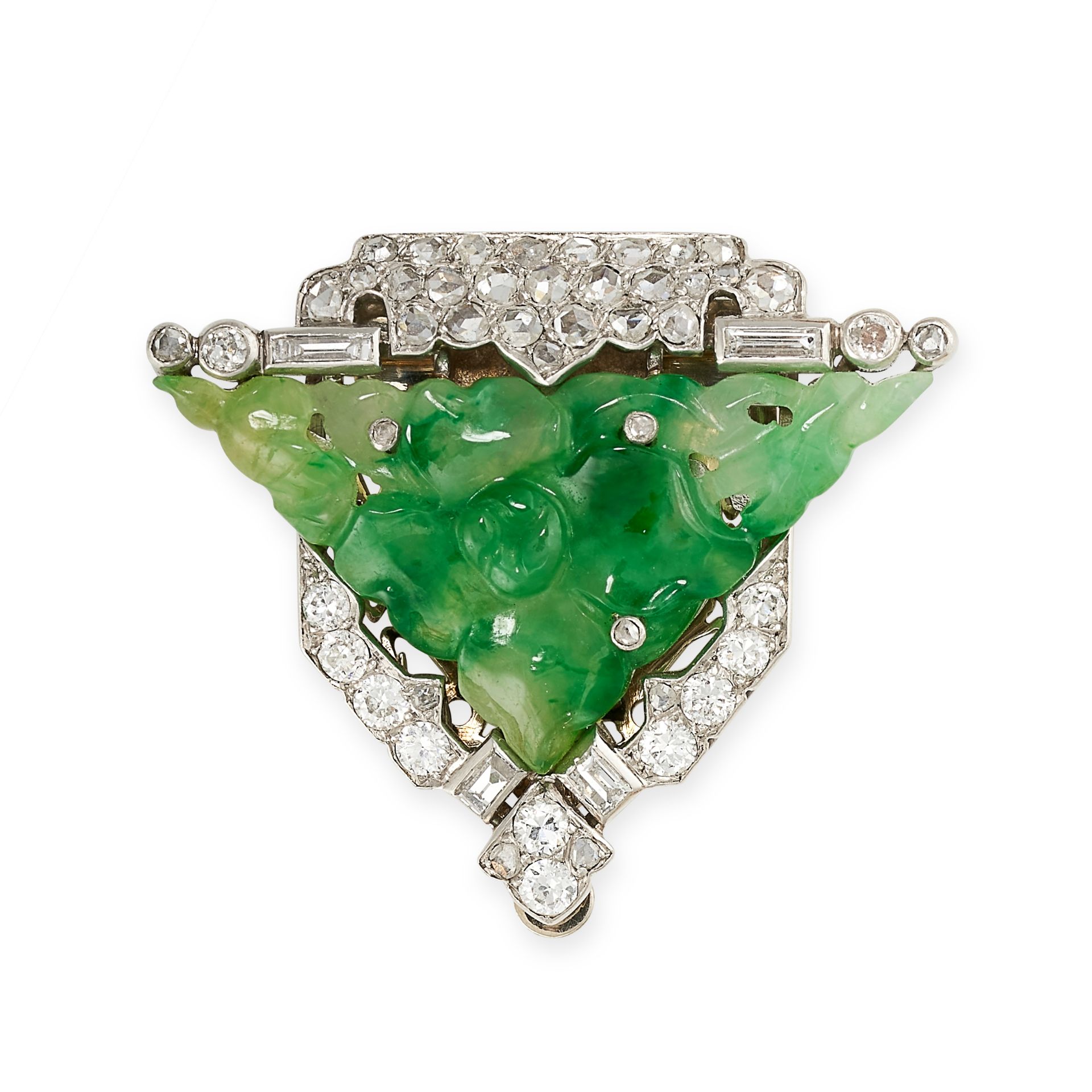 NO RESERVE - AN ART DECO JADEITE JADE AND DIAMOND CLIP BROOCH, CIRCA 1930  Made in platinum and 18