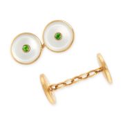 NO RESERVE - A PAIR OF DEMANTOID GARNET AND MOTHER OF PEARL CUFFLINKS, EARLY 20TH CENTURY  Made in