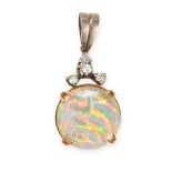 NO RESERVE - A FINE OPAL AND DIAMOND PENDANT  Round cabochon opal, weighing approximately 5.84