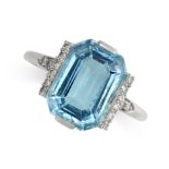 NO RESERVE - AN ART DECO AQUAMARINE AND DIAMOND DRESS RING  Made in platinum  Octagonal step cut