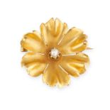 NO RESERVE - A VINTAGE FRENCH PEARL FLOWER BROOCH  Made in 18 carat yellow gold, designed as a