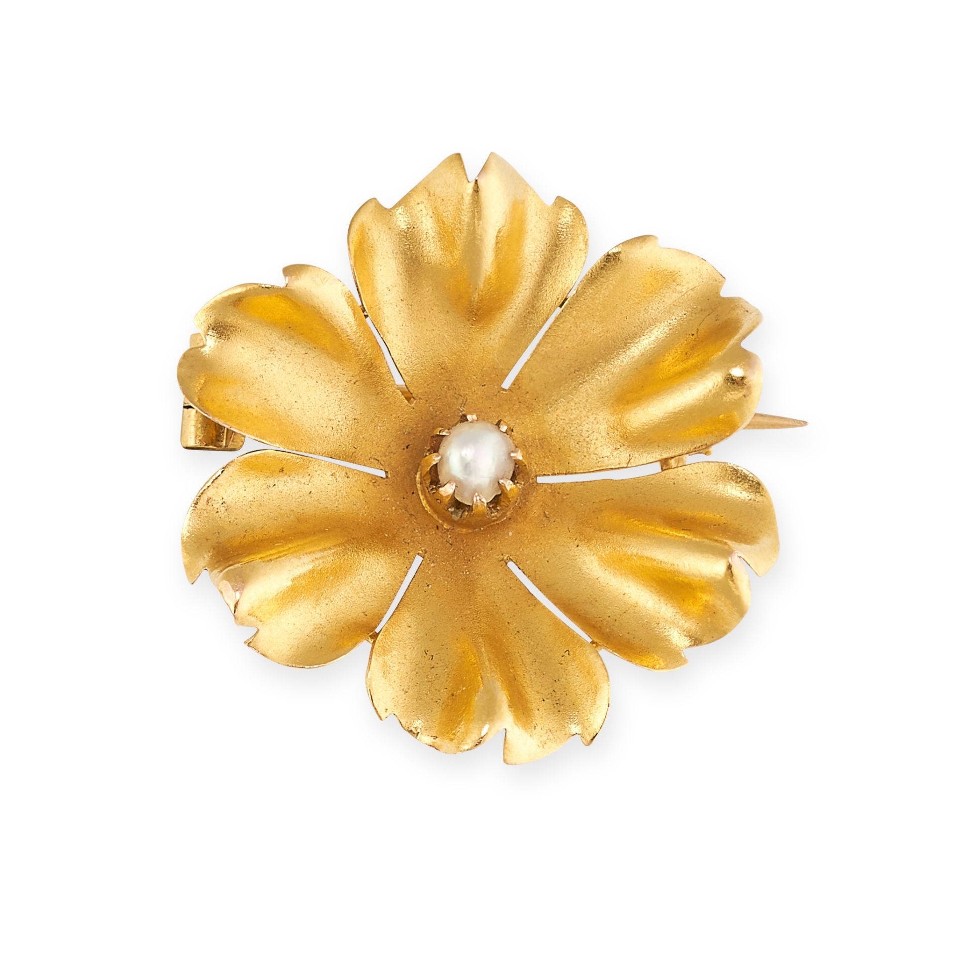 NO RESERVE - A VINTAGE FRENCH PEARL FLOWER BROOCH  Made in 18 carat yellow gold, designed as a