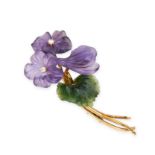 NO RESERVE - AN AUSTRIAN AMETHYST, NEPHRITE JADE AND DIAMOND FLOWER BROOCH, CIRCA 1950  Made in 14