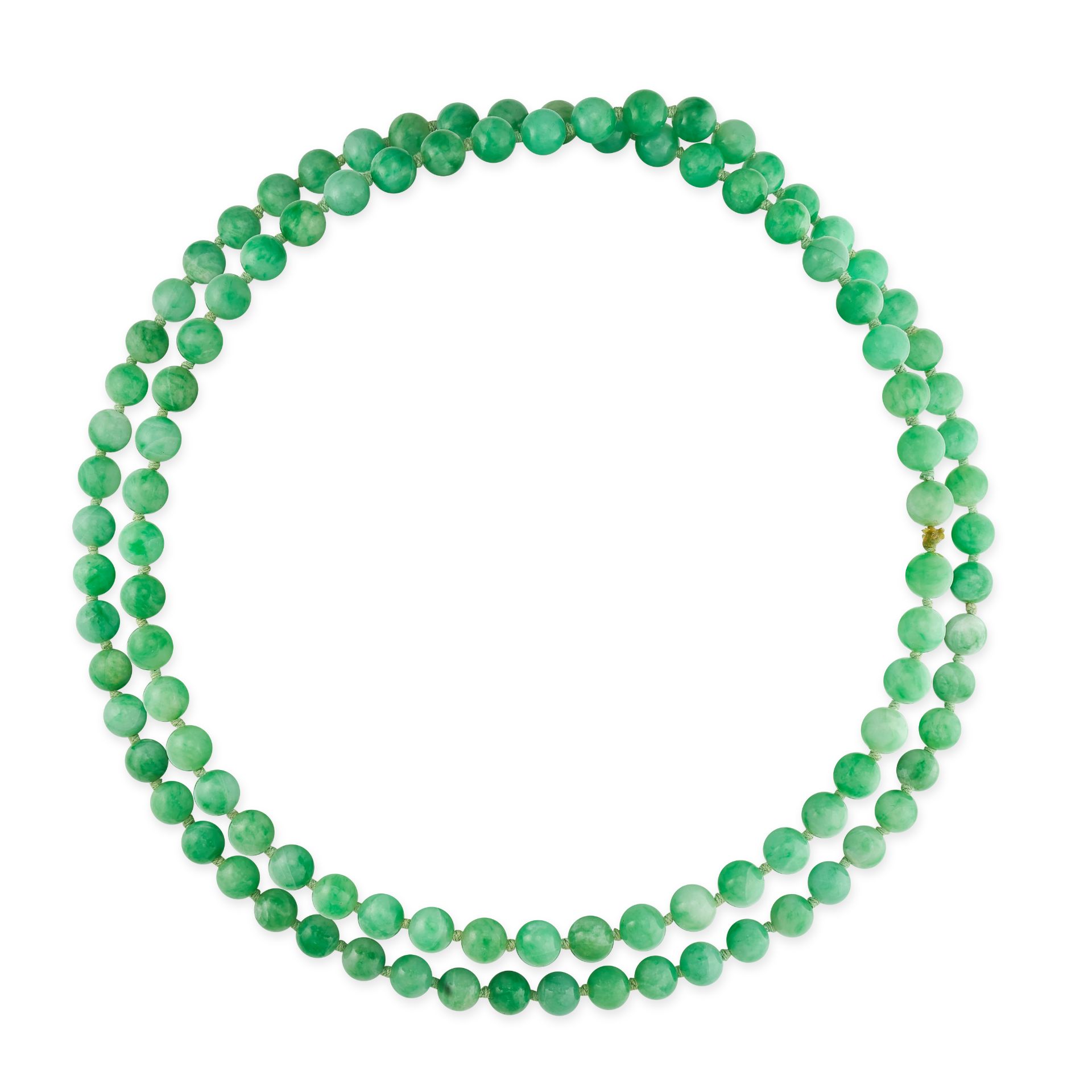 NO RESERVE - A JADEITE JADE BEAD SAUTOIR NECKLACE  One hundred and four polished jadeite beads,