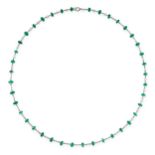 NO RESERVE - AN EMERALD AND DIAMOND CHAIN NECKLACE  Made in platinum  Polished emerald beads,