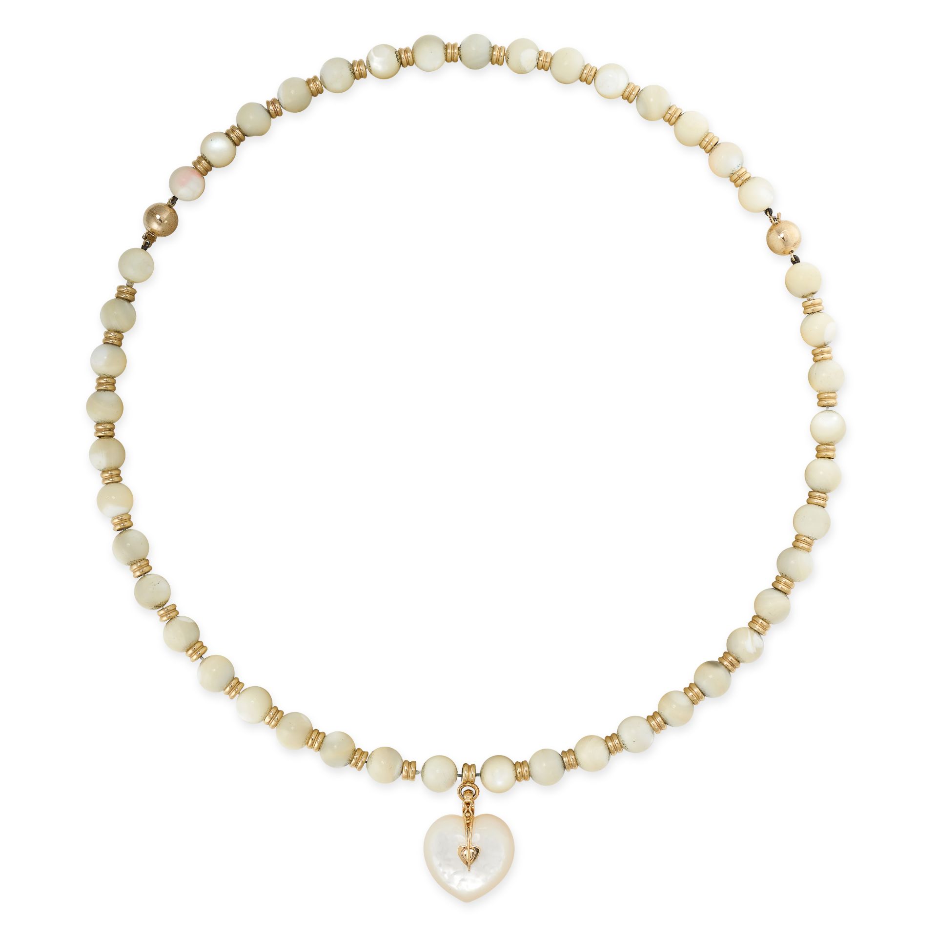 NO RESERVE - A MOTHER OF PEARL BEAD HEART PENDANT NECKLACE AND BRACELET SUITE  Made in 14 carat