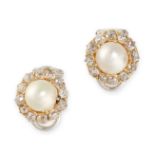 NO RESERVE - A PAIR OF PEARL AND DIAMOND CLUSTER CLIP EARRINGS  Made in 18 carat gold, later