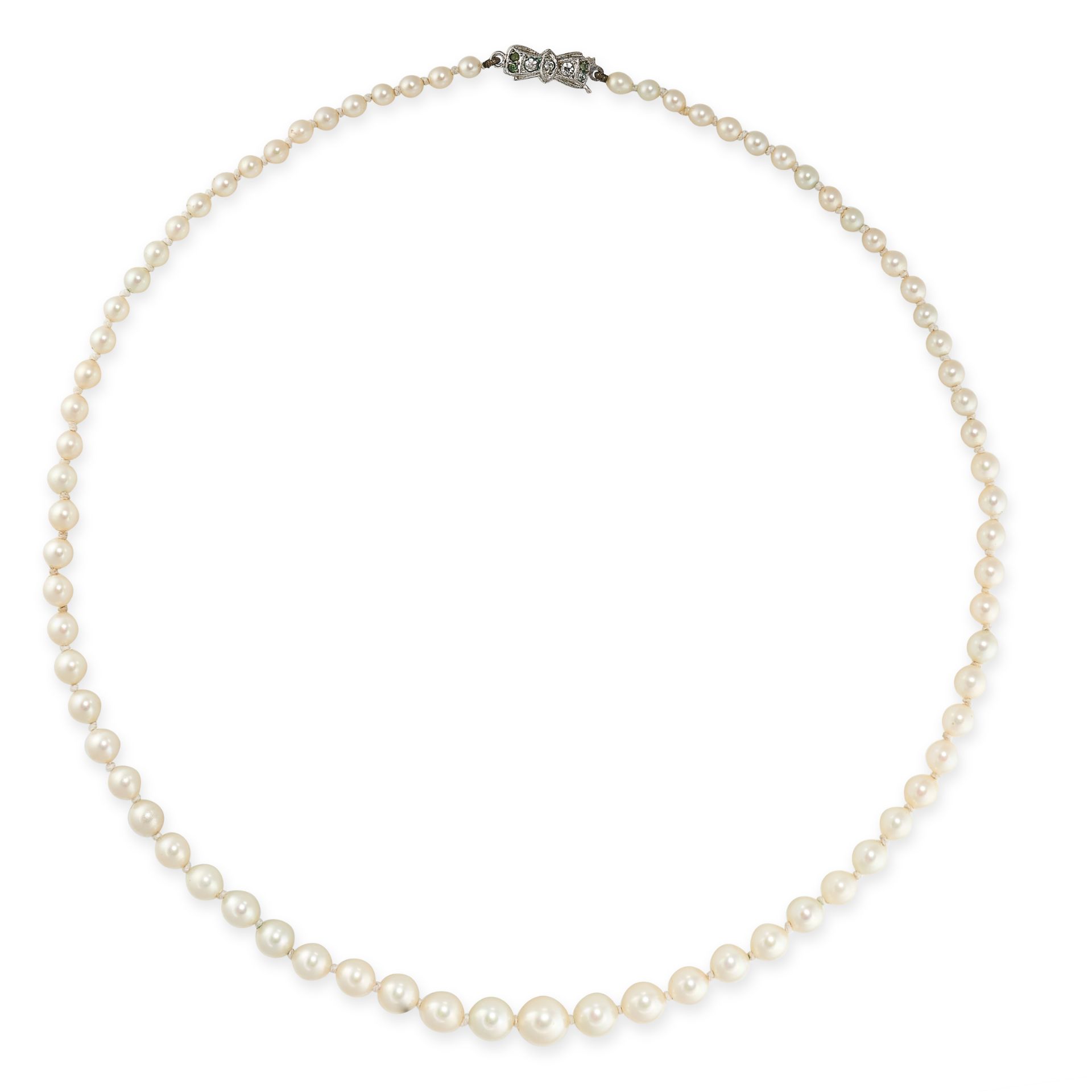 NO RESERVE - A PEARL AND DIAMOND NECKLACE  Made in silver  Seventy six graduated pearls, ranging
