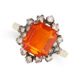 NO RESERVE - A FIRE OPAL AND DIAMOND DRESS RING  Made in yellow gold  Octagonal step cut fire