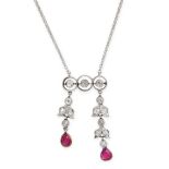 NO RESERVE - AN ANTIQUE RUBY AND DIAMOND LAVALIER PENDANT NECKLACE, CIRCA 1910 AND LATER  Made in