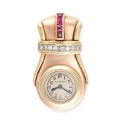NO RESERVE - CARTIER, A RETRO DIAMOND AND SYNTHETIC RUBY CLIP BROOCH WATCH, CIRCA 1940  Made in