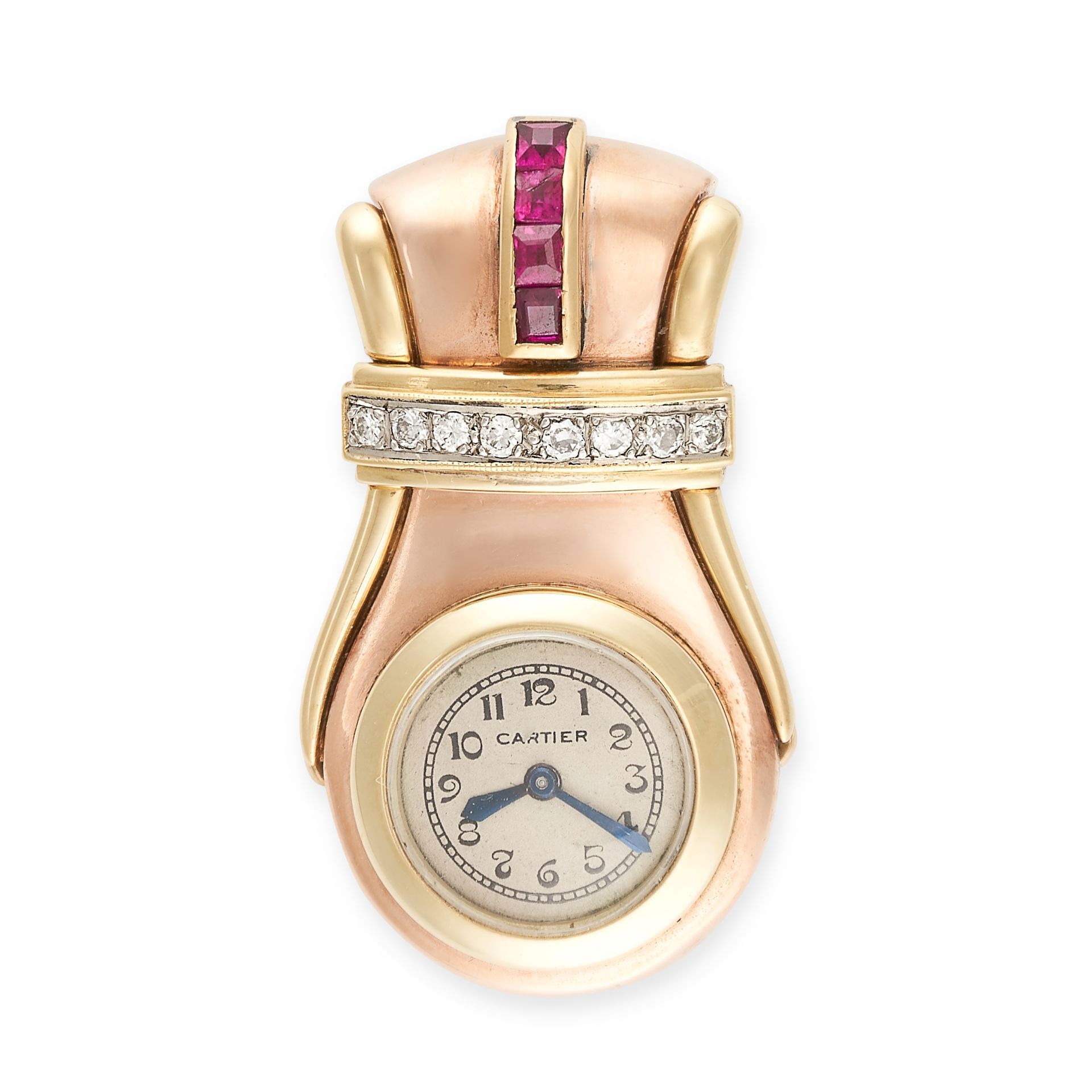 NO RESERVE - CARTIER, A RETRO DIAMOND AND SYNTHETIC RUBY CLIP BROOCH WATCH, CIRCA 1940  Made in