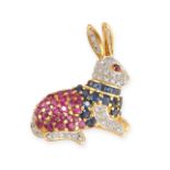 NO RESERVE - A RUBY, SAPPHIRE AND DIAMOND RABBIT BROOCH / PENDANT  With clip brooch fitting and