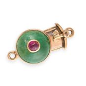 NO RESERVE - AN EMERALD AND RUBY NECKLACE CLASP  Made in yellow gold  Round cabochon emerald (