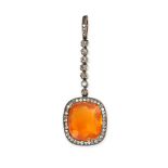 NO RESERVE - AN ANTIQUE FIRE OPAL AND DIAMOND PENDANT  Made in yellow gold and silver  Cushion cut