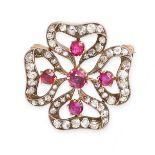 NO RESERVE - AN ANTIQUE RUBY AND DIAMOND BROOCH / PENDANT  Made in yellow gold and silver,