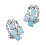 NO RESERVE - A PAIR OF OPAL AND DIAMOND CLIP EARRINGS  Clip on fittings  Round cabochon opals  Round