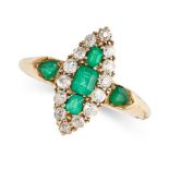 NO RESERVE - AN ANTIQUE EMERALD AND DIAMOND RING  Made in 18 carat yellow gold, navette shaped face