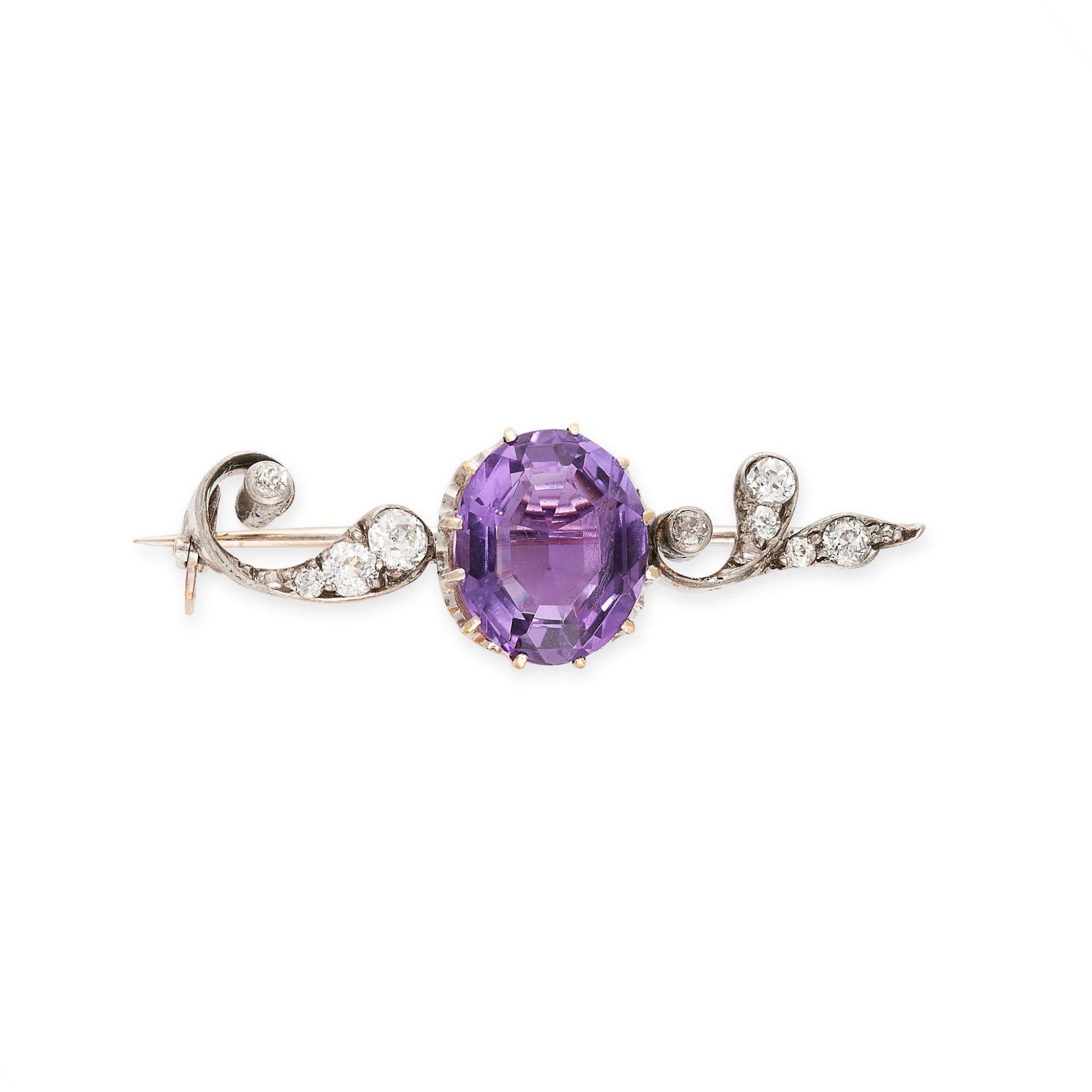 NO RESERVE - AN AMETHYST AND DIAMOND BROOCH  Oval cut amethyst, weighing approximately 3.96
