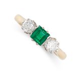 NO RESERVE - AN EMERALD AND DIAMOND THREE STONE RING  Made in 18 carat yellow gold and platinum