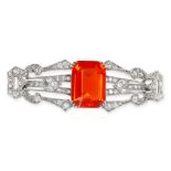 NO RESERVE - A FINE FIRE OPAL AND DIAMOND BROOCH, CIRCA 1930  Octagonal step cut fire opal, weighing