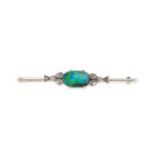 NO RESERVE - AN ANTIQUE BLACK OPAL AND DIAMOND BAR BROOCH, CIRCA 1910  Made in yellow gold and