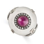 NO RESERVE - A RUBY, ROCK CRYSTAL AND DIAMOND RING, CIRCA 1945  Frosted circular disc of rock