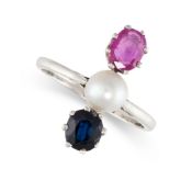 NO RESERVE - A RUBY, SAPPHIRE AND PEARL RING  Made in platinum  Pearl, approximate diameter 5.6mm