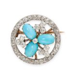 NO RESERVE - AN ANTIQUE FRENCH TURQUOISE AND DIAMOND BROOCH  Made in 18 carat yellow gold and silver