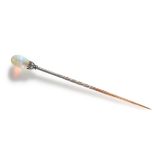 NO RESERVE - AN ANTIQUE OPAL AND DIAMOND STICK / TIE PIN BROOCH  Made in yellow gold and silver